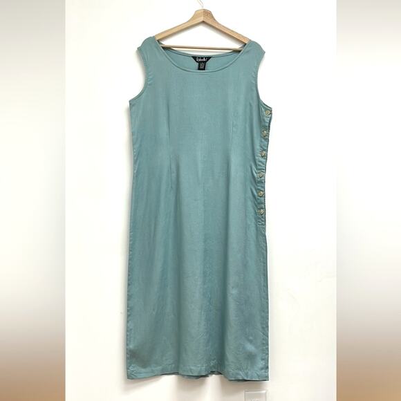 Vintage Linen Midi Coastal Button-Closure Scoop Neck Shift Dress - Size 14 - Picture 1 of 8